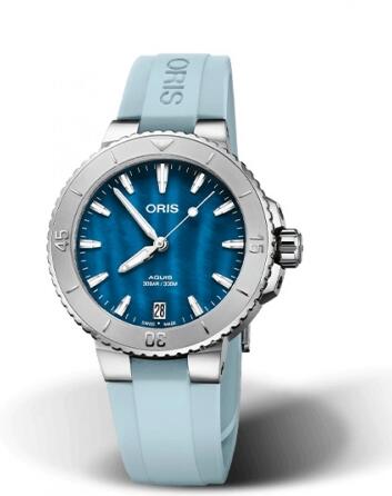 Oris Aquis Date 36.5 Stainless Steel Aegean Blue Rubber Replica Watch 01 733 7770 4155-07 4 18 65FC